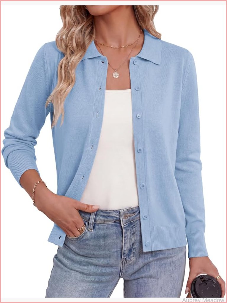 Lightweight Long Sleeve Lapel Collar Button Down Cardigan - Trendy Knit Top